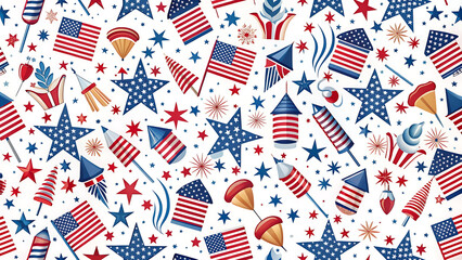 Seamless Patriotic Firecracker Pattern with Stars and Flags for Fabric