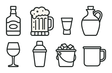 Fototapeta premium Alcoholic drink set. beverage silhouette icons: beer, wine, glass, bucket vector icons.