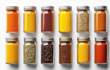 Colorful spice collection jars arranged minimalist to showcase culinary vibrancy and diversity