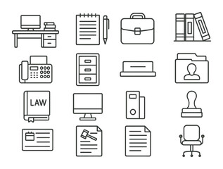 Office set. business essentials linear icons: desk, notebook, briefcase, book, fax vector icons