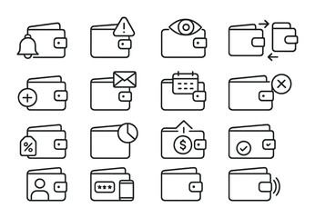 Wallet icon set. financial, flat style wallets: money, card, secure, payment, vector icons.