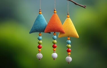 Brightly colored triangular sachets with tassels hanging in a serene natural setting captured in ultra-high resolution