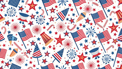 Seamless Patriotic Firecracker Pattern with Stars and Flags for Fabric