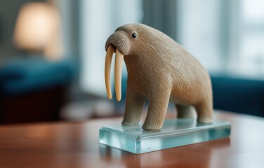 Surreal walrus sculpture reflecting through a digital mirror with a modern twist on abstract art