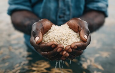 Close-up view of hands delicately washing rice in clear water, highlighting the process of preparation in a calm, serene environment