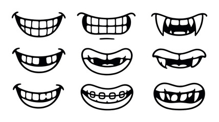 Smile and mouth set. humorous cartoon smile, teeth, grin, fangs, braces silhouette vector icons.