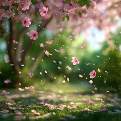 Pink blossom petals falling in spring garden