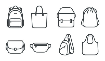 Backpack set. school and travel bags flat style. backpack, tote, messenger, sling vector icons.