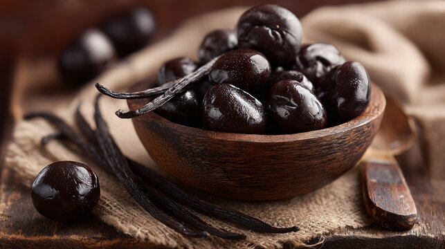 A top-down shot of chocolate prunes with vanilla pods, on rustic table with warm tones