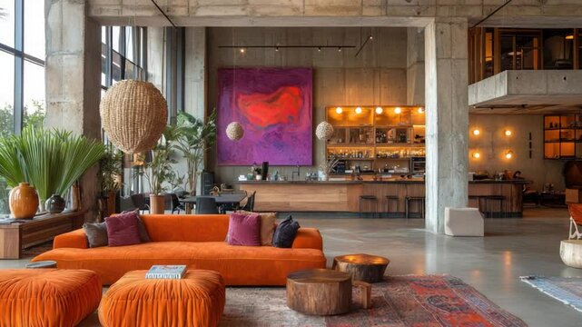 Modern industrial loft space with vibrant orange furnishings and warm lighting
