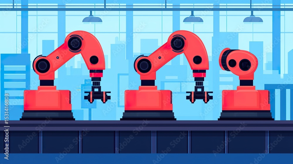 Poster factory floor with automated robotic arms assembling parts
