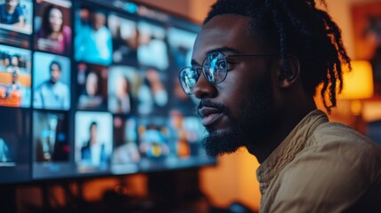 Fototapeta premium Focused Man Reviewing Images on a Computer Screen at Night