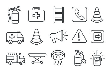 Emergency equipment set. safety and alertness linear fire extinguisher, ambulance, ladder, cone, megaphone, alarm, exit, first aid kit vector icons.