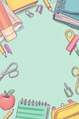 Colorful school supplies arranged around a light teal background