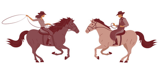 Two cowboys riders on horses. Girl with lasso and in hat and man. Wild West, western, rodeo and horse racingVector isolated illustration on white background