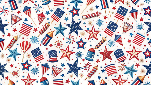 Seamless Patriotic Firecracker Pattern with Stars and Flags for Fabric