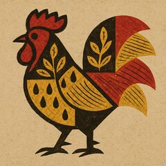 woodcut rooster on a wooden background