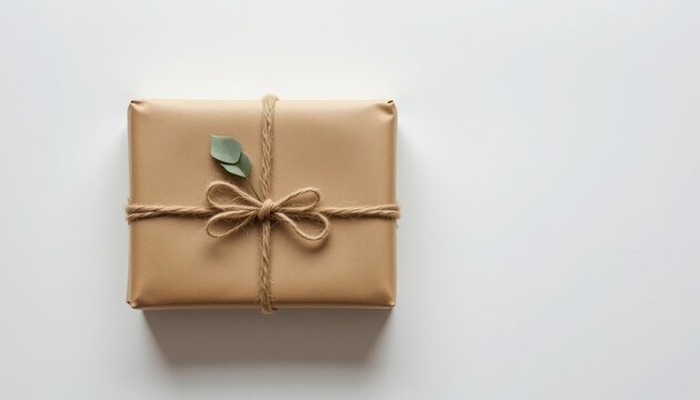 Minimalist brown kraft paper gift box tied with natural jute twine bow and eucalyptus leaf decoration on clean white background, eco-friendly wrapping