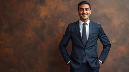 Fototapeta premium Smiling India businessman standing with hands in pockets against in studio