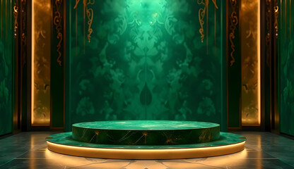 Rich emerald green podium with gold inserts, reflective surface, illuminated bottom