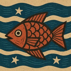 Abstract Woodcut of Swimming Fish