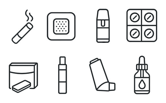 Smoking cessation set. flat nicotine patch, inhaler, tablets, gum, e-cigarette vector icons.