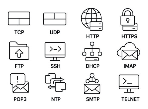 Network protocols set. internet connection linear icons. tcp, http, ftp, smtp vector icons.