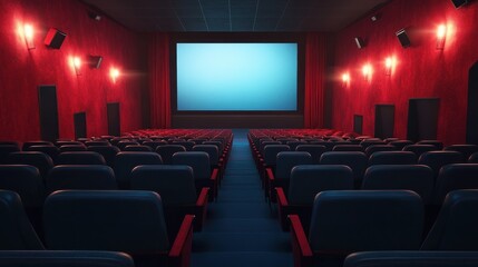 Obraz premium Empty cinema seat, movie theater, screen, lights, advertising