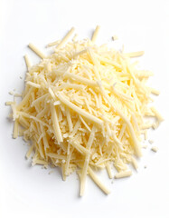 Heap of grated cheese. Natural product. Cooking and culinary concept. Isolated on white backdrop.