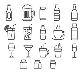 Beverage icon set. drink, cup, bottle, glass, soda, coffee, linear vector icons.