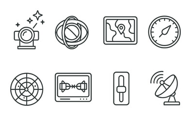 Technology icon set. communication devices silhouette. camera, gps, radar, satellite vector icons.