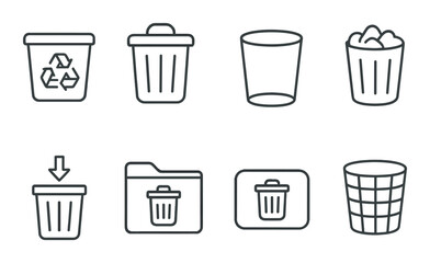 Trash bin set. waste disposal silhouette icons. recycling, garbage, bin, folder, delete vector icons.