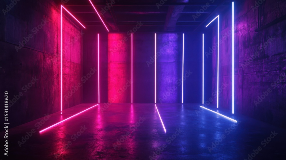 Poster modern industrial studio features abstract shapes and shadows illuminated by vibrant neon led lights