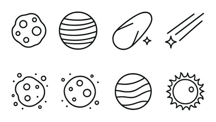 Space objects icon set. asteroid, planet, comet, meteor, sun in linear style vector icons