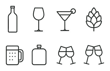 Beverage icon set. drink collection linear style: bottle, glass, beer, martini, cheers vector icons.