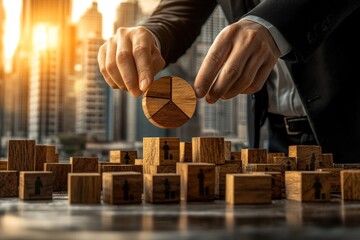 Businessperson arranging wooden blocks forming a pie chart over a city backdrop, symbolizing strategic planning and resource allocation
