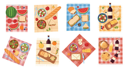Pixel Art Picnic Scenes with Various Food Items and Checkered Tablecloths Top View