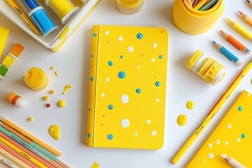 Colorful stationery collection on white surface. Yellow notebook with polka dots, surrounded by various art supplies like paints, pencils, and containers