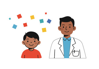 A doctor and his son playfully interact with colorful squares. Warm, inviting illustration with a focus on connection and joy. Suitable for educational or family-oriented content.