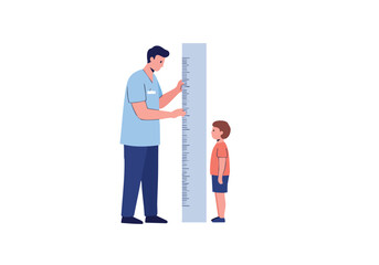 A doctor measures a child's height with a measuring stick. A clear, friendly illustration for health and wellness visuals. Suitable for educational and promotional use.