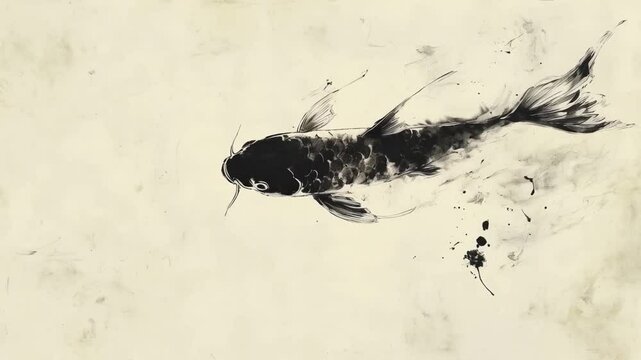 A graceful koi fish swims upstream in minimalist sumi-e style. Elegant brushstrokes evoke movement and tranquility in this traditional Japanese ink art. 4K video footage.
