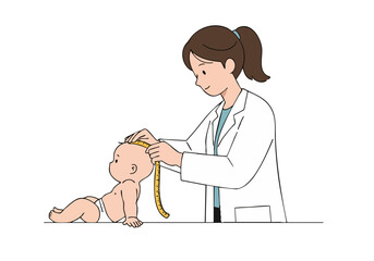 A healthcare professional measures a baby's head circumference during a check-up. Clear, simple illustration with a focus on medical care. Bright, clean aesthetic.