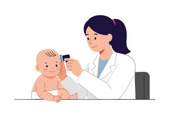 A healthcare professional examines a baby's ear with an otoscope. Warm colors and a gentle expression create a comforting scene. Ideal for health, pediatric, and medical illustrations.