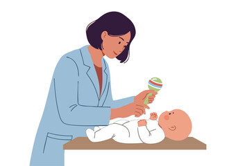 A healthcare professional gently examines a baby with a rattle. Soft colors and a warm, caring scene. Ideal for health, parenting, and baby-related content.