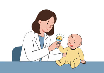 A healthcare professional examines a baby with a rattle, demonstrating a gentle and reassuring interaction. Soft colors and a focused composition create a comforting visual.