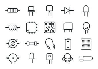 Electronic component set. linear circuit symbols: resistor, capacitor, diode, battery vector icons