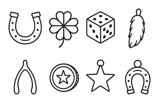 Lucky charm set. good luck silhouette icons. horseshoe, clover, dice, feather, wishbone vector icons.