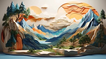 Artistic papercraft mountain landscape with sun