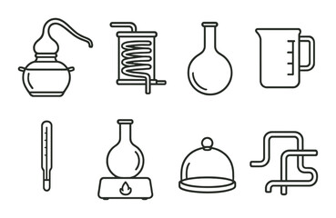 Chemistry equipment set. lab tools linear icons: flask, distiller, beaker, thermometer vector icons.