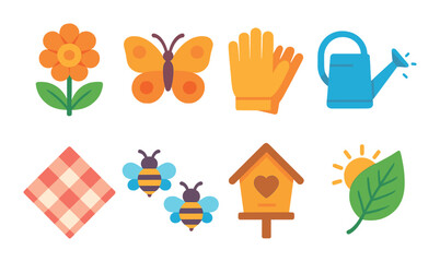 Garden picnic set. outdoor decor flat icons. flower, butterfly, glove, watering can vector icons.
